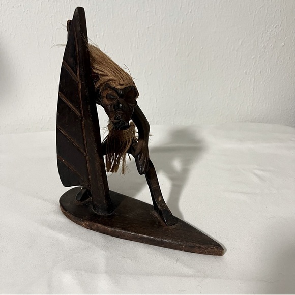 Hand Carved Hawaiian Wooden Primitive Wind Surfer Tribal Tiki Figurine Statue - Picture 1 of 4